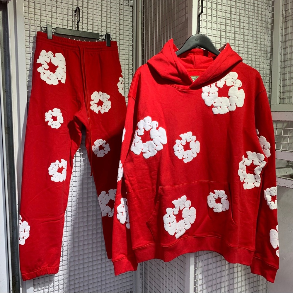 denim tears Red Floral Hoodie and Sweatpants Set